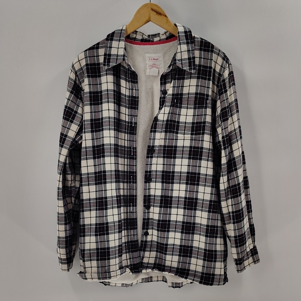 L.L. Bean Women's Black and White Plaid Sherpa-Lined Shirt Jacket